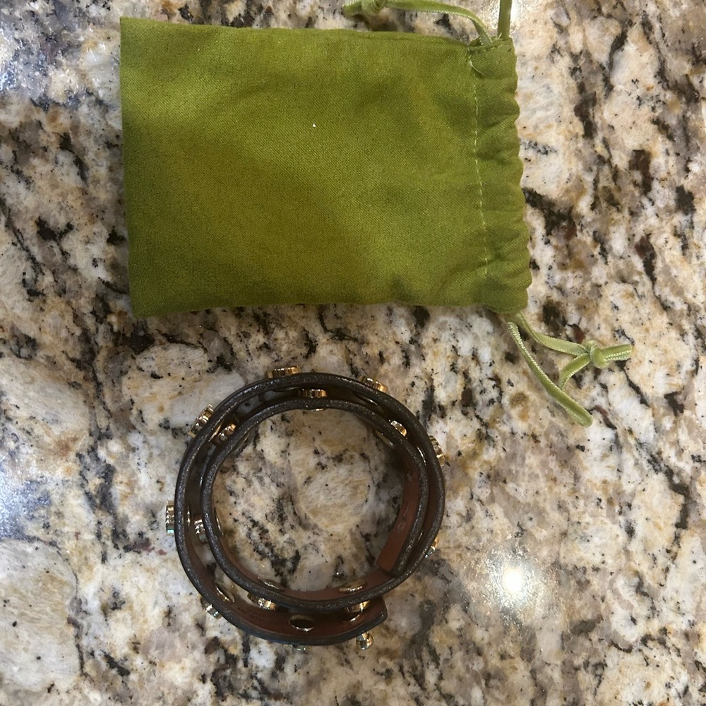TORY BURCH BROWN LEATHER STRAP STUDDED WIDE WRAP BRACELET